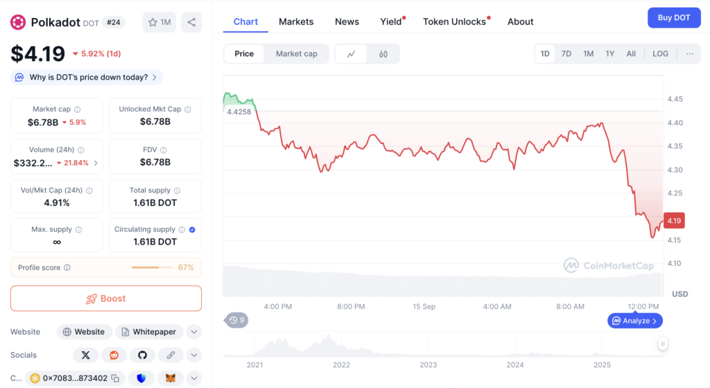 نمودار قیمت و اطلاعات بازار DOT - منبع: CoinMarketCap
